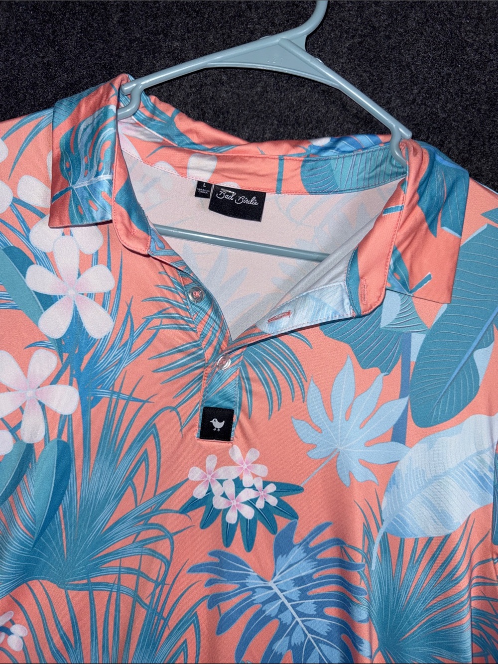 Bad Birdie Mens Golf Polo Shirt Large Coral Blue Tropical Floral Palm Print‎